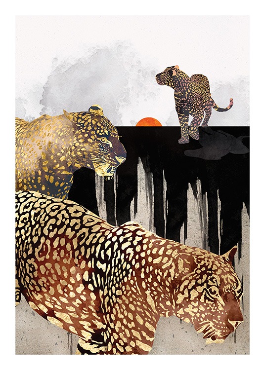  – Illustration graphique de trois léopards en noir et or, avec un fond noir et gris