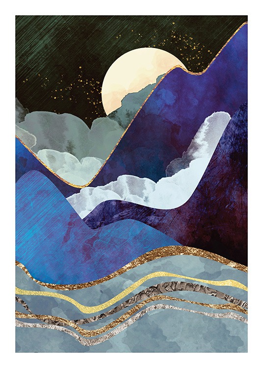  – Illustration graphique avec des montagnes en bleu foncé bordées d’or, avec une lune derrière