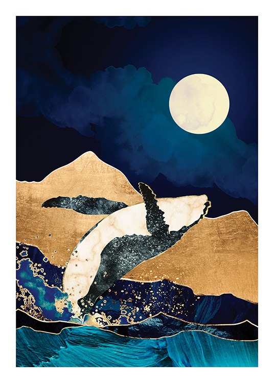  – Illustration graphique d’une lune et de montagnes dorées derrière une baleine fendant l’eau