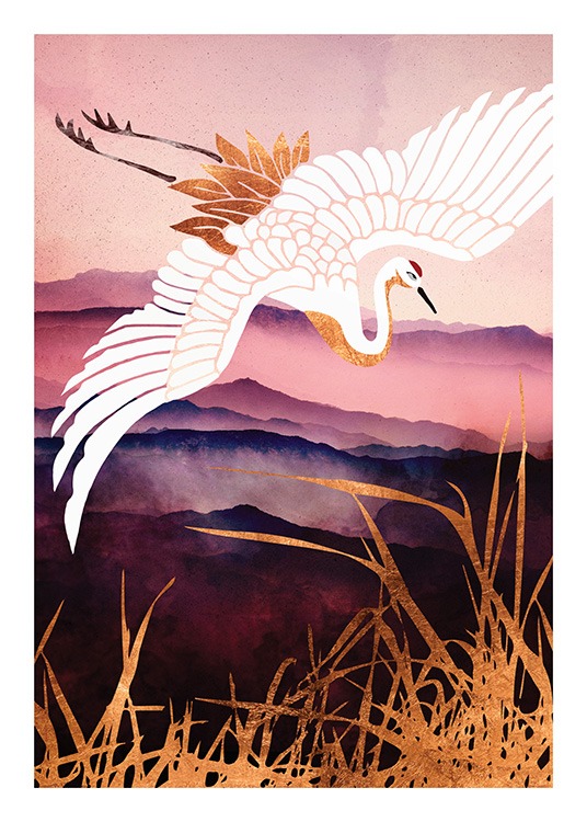  – Illustration graphique d’une grue en blanc et or, volant au-dessus d’une herbe dorée et de champs roses et violets