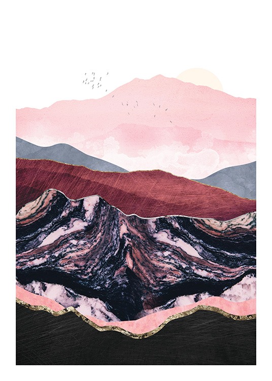  – Illustration graphique avec une nuée d’oiseaux au-dessus de montagnes en violet, rose et rouge avec des contours dorés