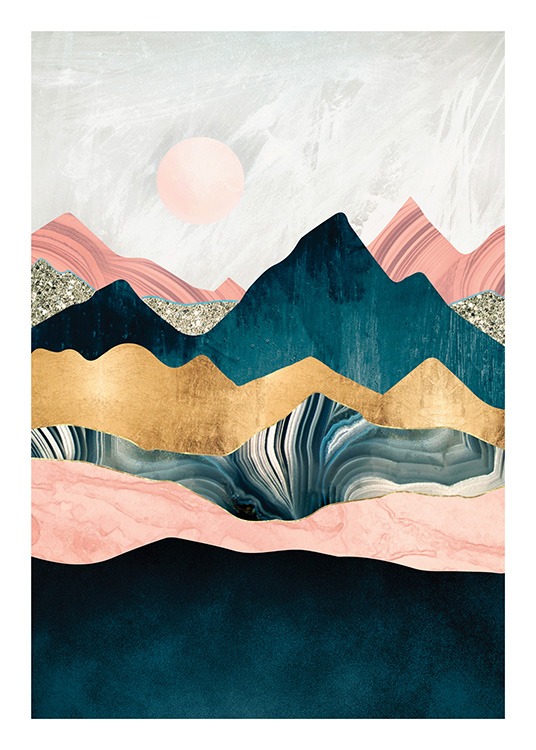  – Illustration graphique de sommets montagneux en bleu, rose et or avec un soleil rose à l’arrière-plan