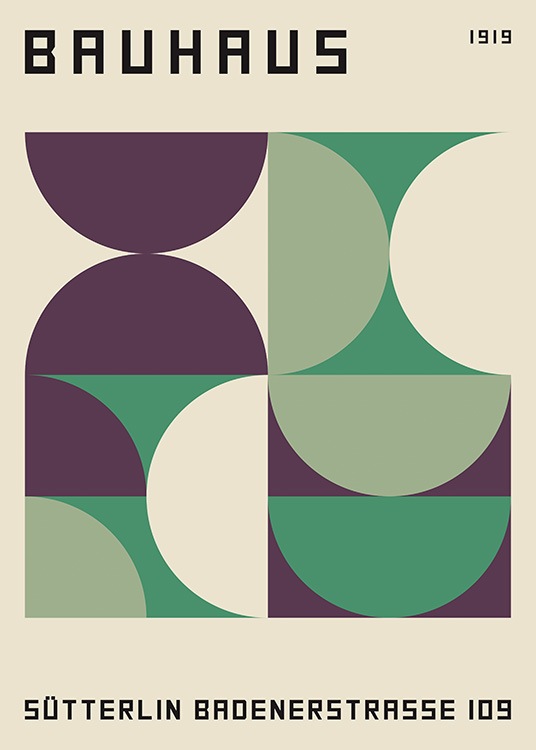  – Illustration graphique avec des formes géométriques vertes et violettes sur un fond beige