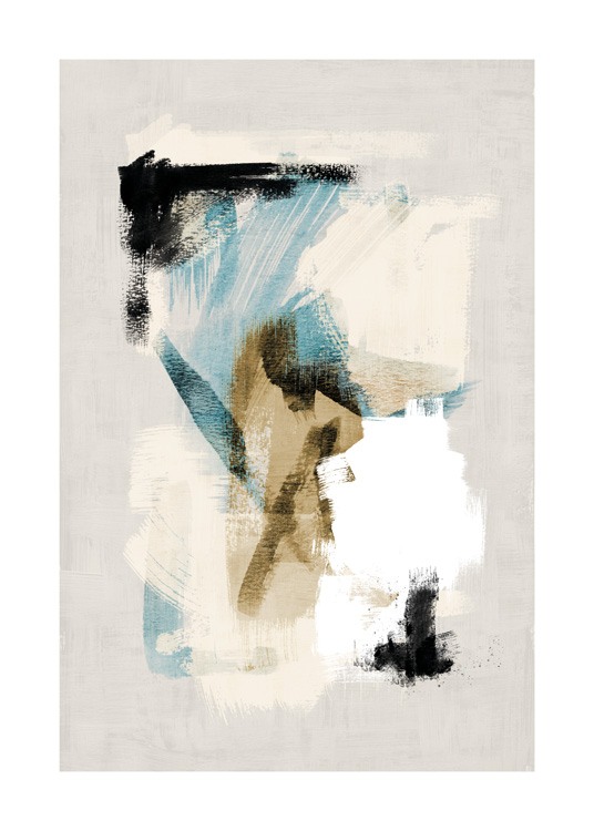  – Peinture avec des coups de pinceau abstraits en blanc, bleu, beige et noir, sur un fond beige