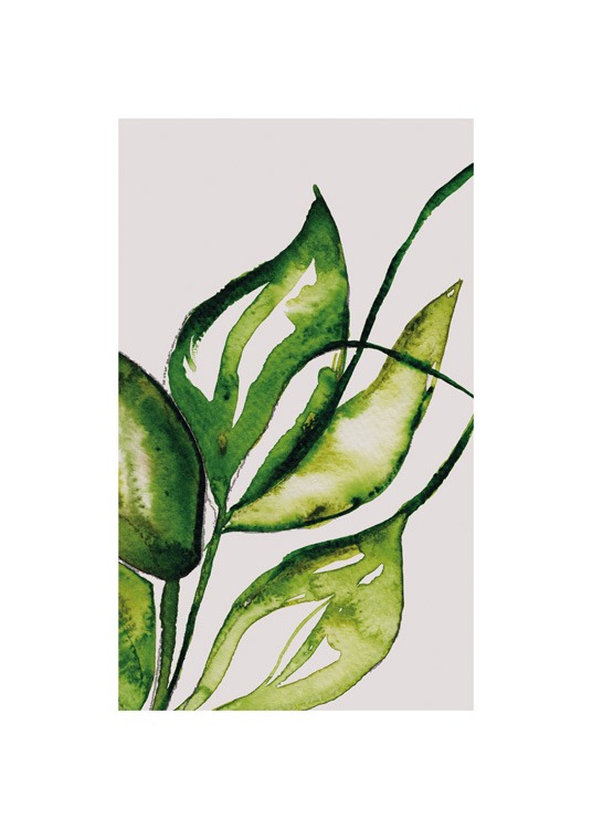  – Peinture avec des feuilles vertes peintes à l’aquarelle sur un fond beige