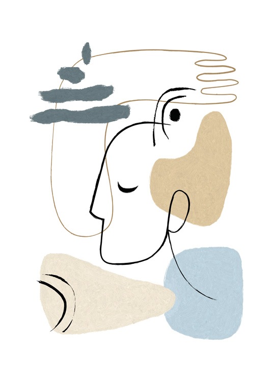  – Illustration avec des formes abstraites en beige et bleu et une main et un visage en art linéaire sur un fond blanc