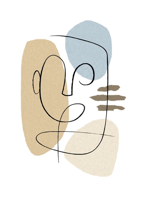  – Illustration avec des formes en beige et bleu et un visage dessiné en art linéaire sur un fond blanc