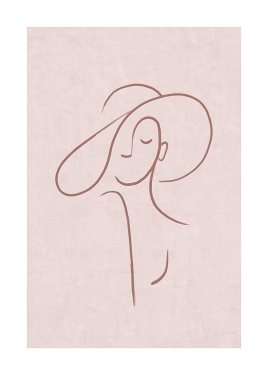  – Illustration en art linéaire d’une femme portant un chapeau sur un fond moucheté rose