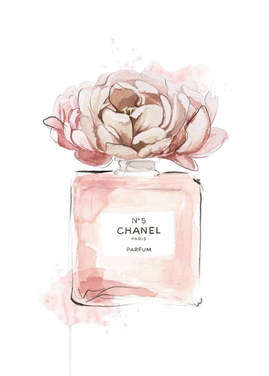  – Peinture à l’aquarelle d’une bouteille de parfum en rose avec une fleur rose sur le dessus