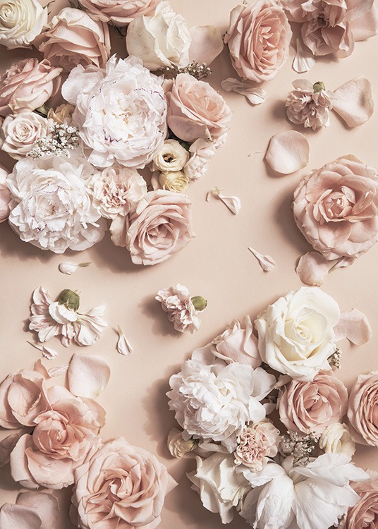  – Photographie d’un bouquet de fleurs en blanc et rose avec des pétales de fleurs dispersés sur un fond rose