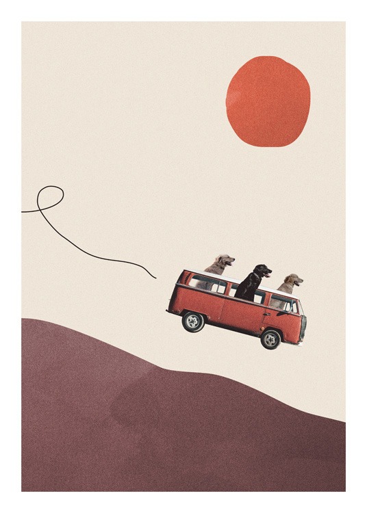  – Illustration graphique avec une voiture descendant une colline avec des chiens dedans et un soleil rouge au-dessus