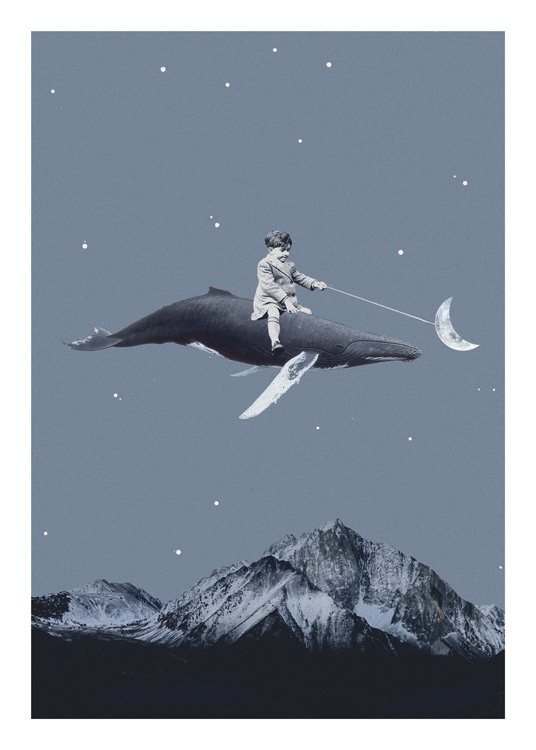  – Illustration graphique avec une baleine volant au-dessus de montagnes avec un enfant assis dessus
