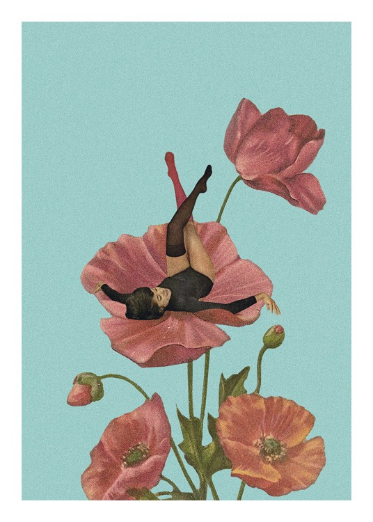  – Illustration graphique d’un bouquet de fleurs rouges, avec une femme en noir couchée dans l’une des fleurs