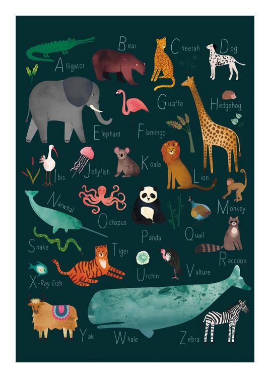  – Illustration avec des animaux sur un fond vert avec leur nom commençant par chaque lettre de l’alphabet