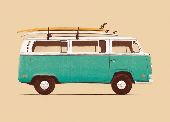  – Illustration d’une vieille camionnette vert et blanche, avec des planches de surf sur le toit