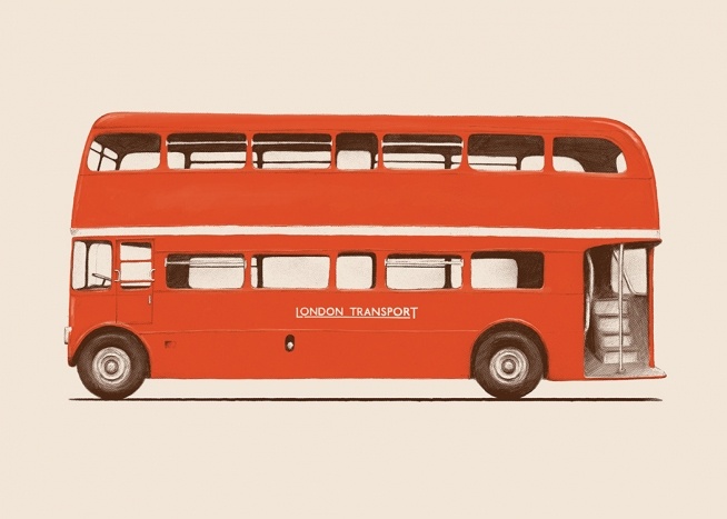  – Illustration d’un bus londonien, un bus à impériale rouge sur un fond rose clair