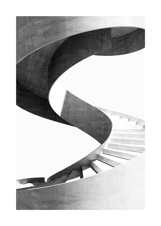  – Photographie en noir et blanc d’un escalier en colimaçon en marbre sur un fond blanc