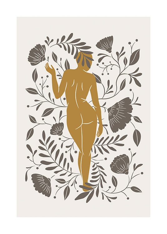  – Illustration graphique d’une femme nue orange, vue de dos, entourée de fleurs et de feuilles marron