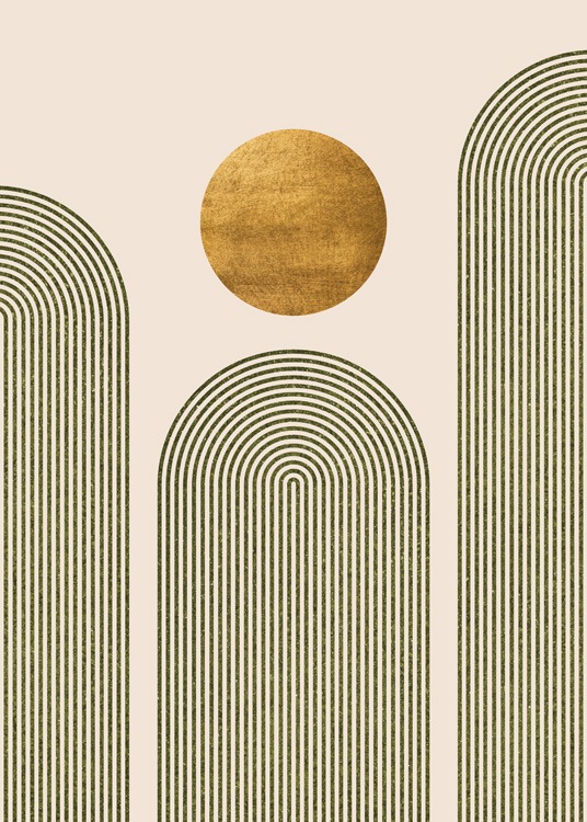 – Illustration graphique avec un cercle doré et trois arches vertes sur un fond beige
