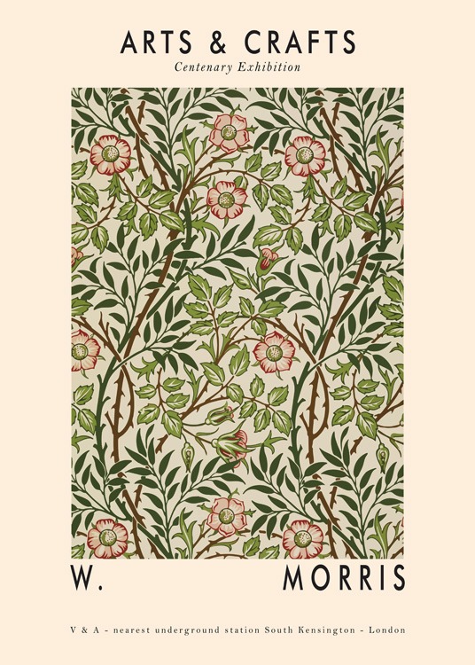  – Illustration avec un motif de feuilles vertes et de fleurs rouges sur un fond beige
