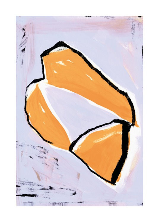  – Illustration avec une forme abstraite en orange, entourée d’un contour noir et blanc sur un fond violet
