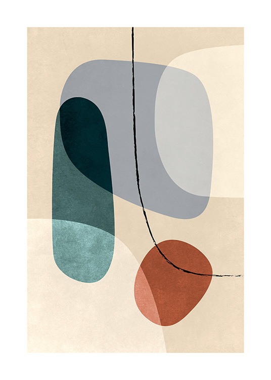  – Illustration graphique avec des formes abstraites en orange, bleu et beige sur un fond beige