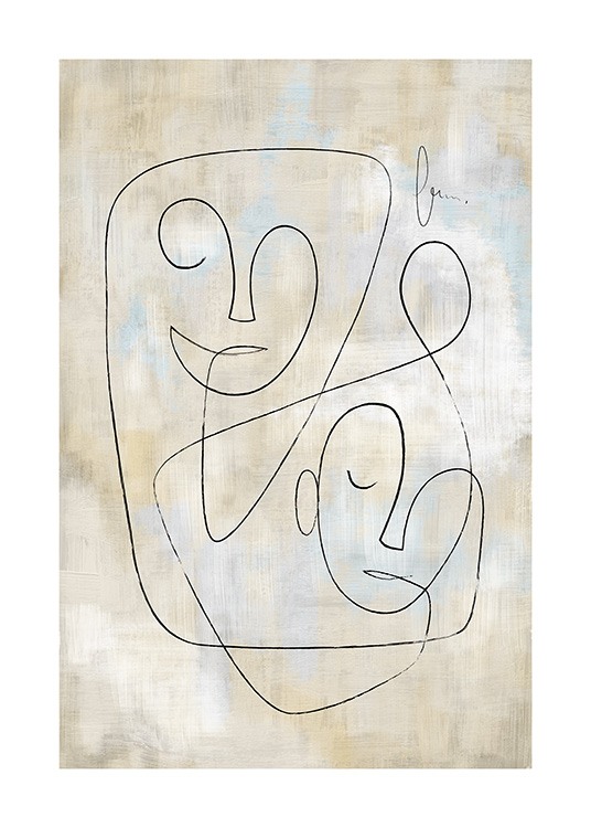 – Illustration représentant deux visages en art linéaire noir sur un fond bleu et beige