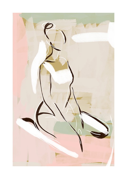  – Dessin d’une femme assise, dessinée en art linéaire sur un fond rose et vert clair