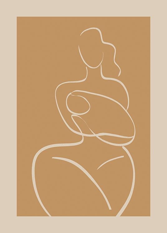  – Illustration graphique d’une femme portant un bébé dans ses bras, dessinés en art linéaire beige sur un fond jaune foncé
