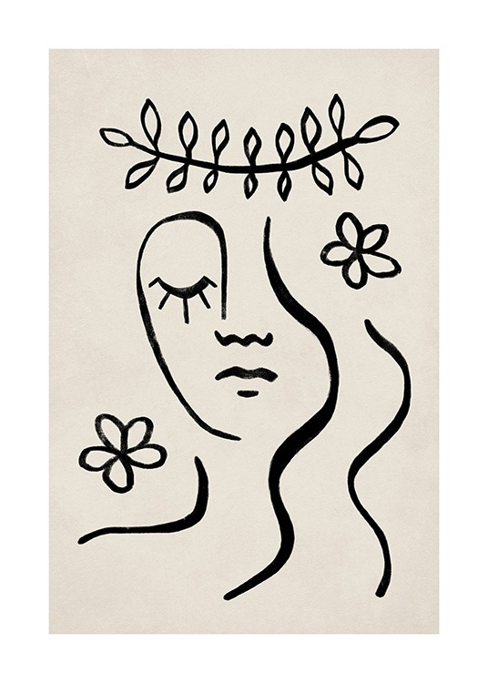  – Illustration graphique avec des feuilles, des fleurs et un visage en art linéaire noir sur un fond beige
