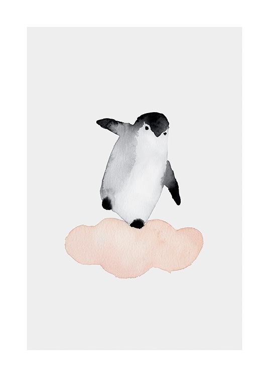  – Peinture à l’aquarelle d’un pingouin en équilibre sur un nuage rose, sur un fond gris clair