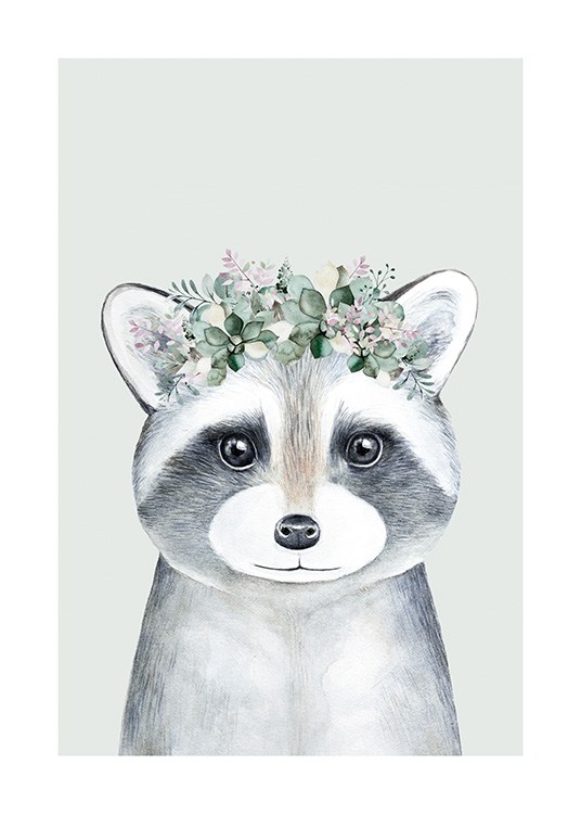  – Illustration d’un bébé raton laveur gris portant une couronne de fleurs, sur un fond vert clair