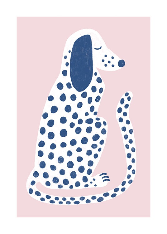  – Illustration graphique d’un chien tacheté en blanc avec des taches bleues, sur un fond rose