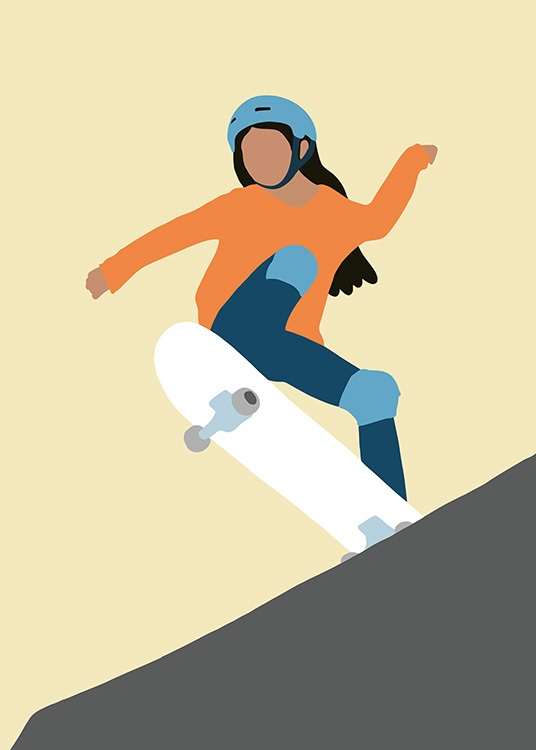  – Illustration graphique d’une fille sur un skateboard portant un casque bleu et un T-shirt orange
