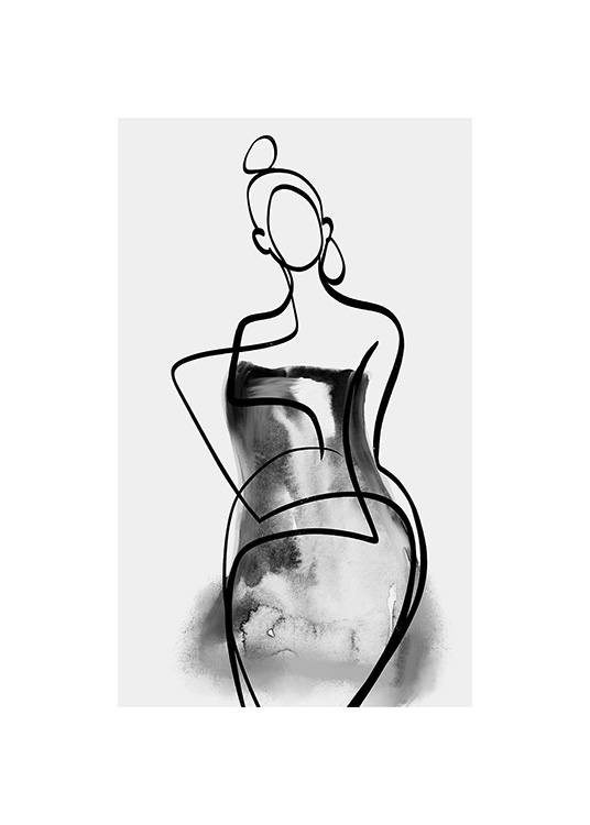  – Peinture d’art linéaire à l’aquarelle d’une femme en robe de soirée, sur un fond gris clair
