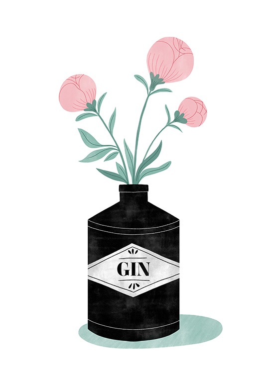  – Illustration d’une bouteille de gin noire avec trois fleurs roses dedans