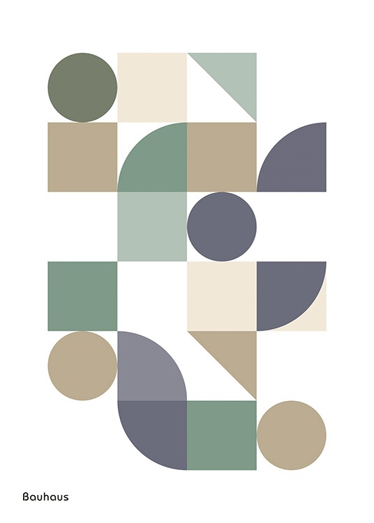  – Illustration graphique avec Bauhaus écrit en bas et des formes géométriques en beige, violet et vert
