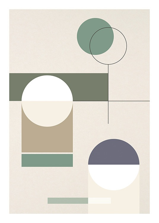  – Illustration graphique avec des formes géométriques violettes, blanches et vertes sur un fond beige