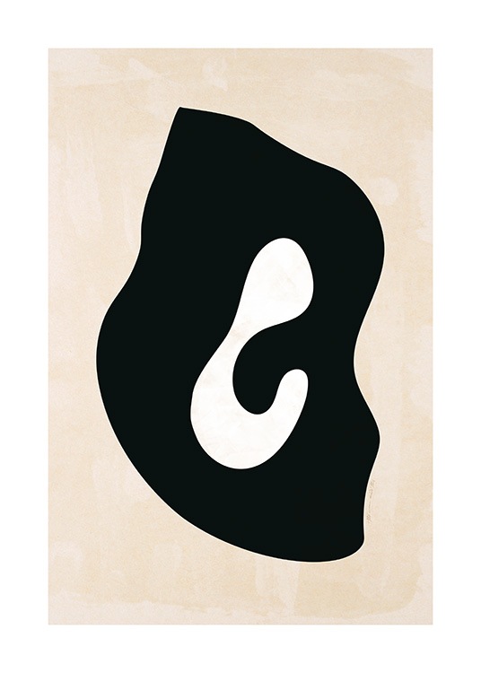  – Illustration graphique avec une forme abstraite en noir avec un centre blanc, sur un fond beige clair