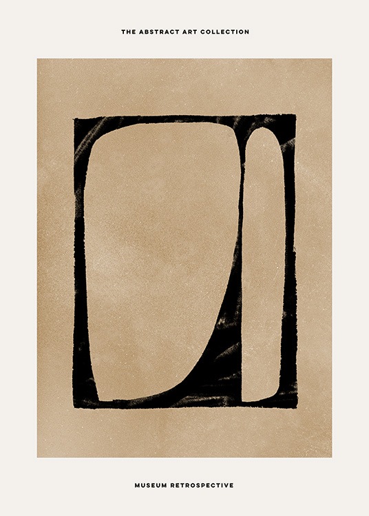  – Peinture abstraite avec une forme noire sur un fond beige, avec du texte en haut et en bas