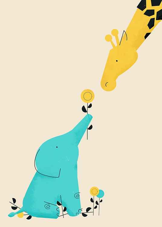  – Illustration graphique d’une girafe, d’un éléphant bleu et de fleurs, sur un fond beige