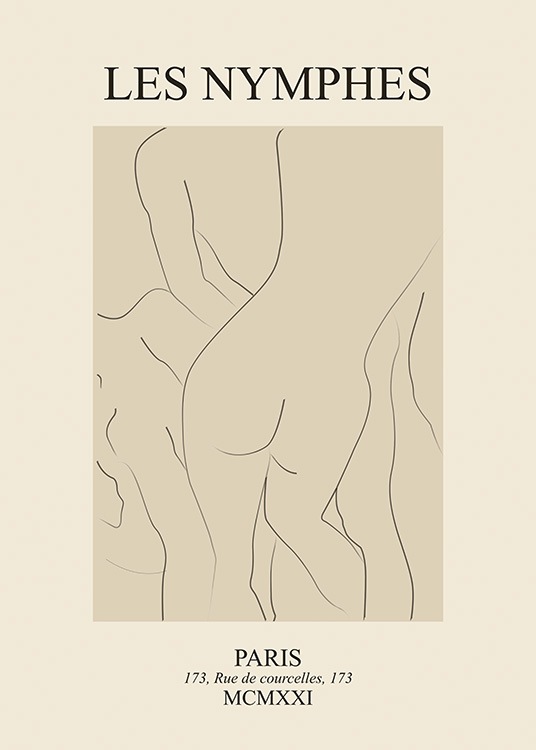  – Illustration en art linéaire de corps nus sur un fond beige, avec du texte au-dessus et en dessous