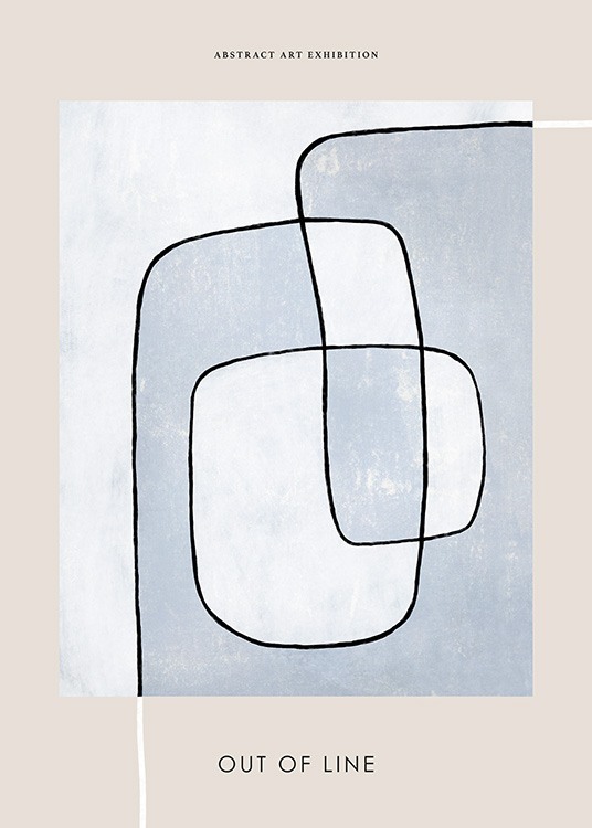  – Peinture avec un trait noir abstrait sur un fond bleu et beige, avec du texte en haut et en bas