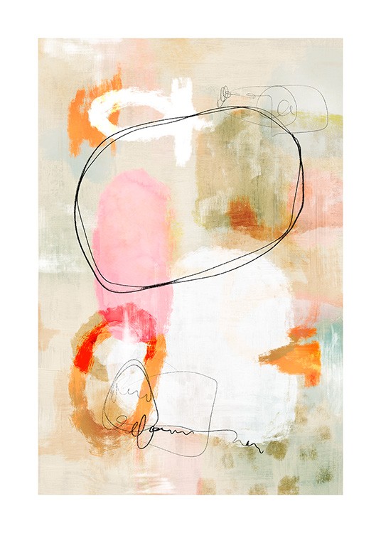  – Peinture à l’aquarelle abstraite avec des formes en orange, rose, noir et blanc, sur un fond beige et vert