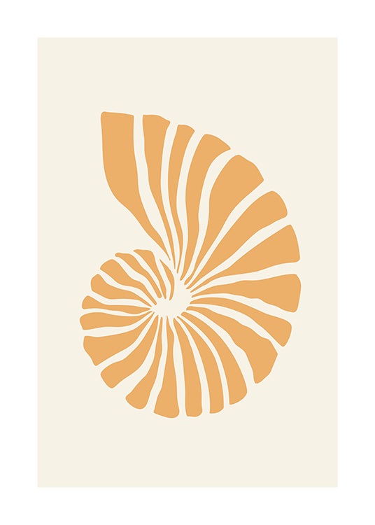  – Illustration graphique d’un coquillage en orange sur un fond beige clair