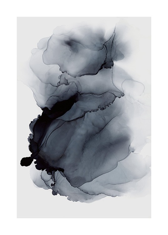  – Peinture avec de l’encre abstraite en noir, flottant sur un fond gris clair