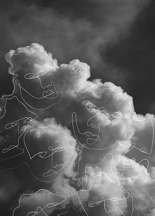  – Photographie en noir et blanc de nuages recouverts de visages abstraits en art linéaire blanc