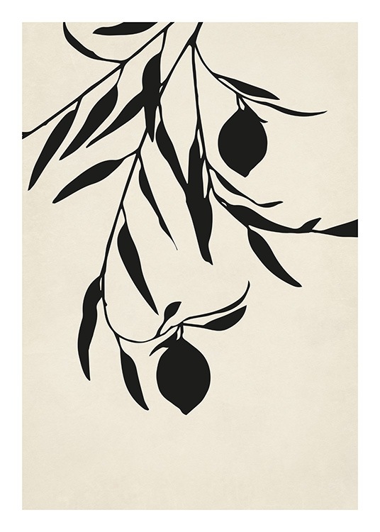  – Illustration graphique de feuilles, de citrons et de branches noirs sur un fond beige