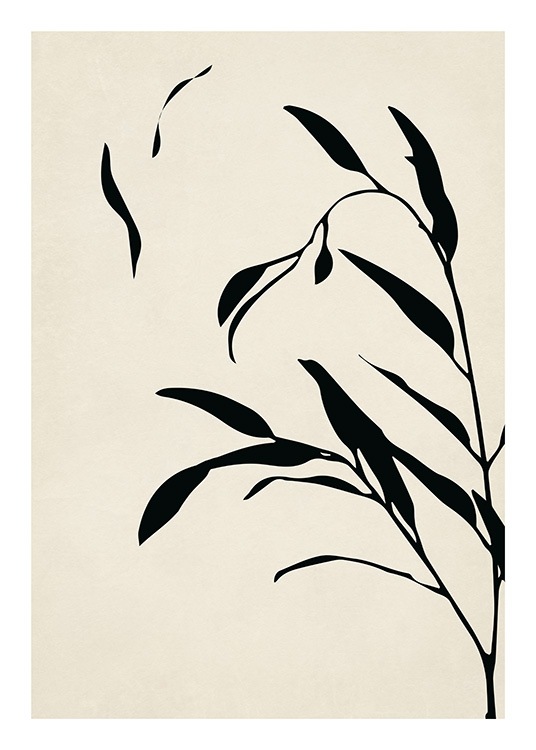  – Illustration graphique de branches noires avec des feuilles noires, sur un fond beige