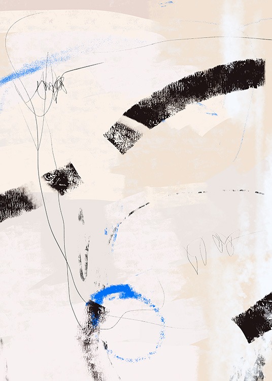  – Peinture avec des lignes abstraites en bleu et noir, sur un fond beige texturé